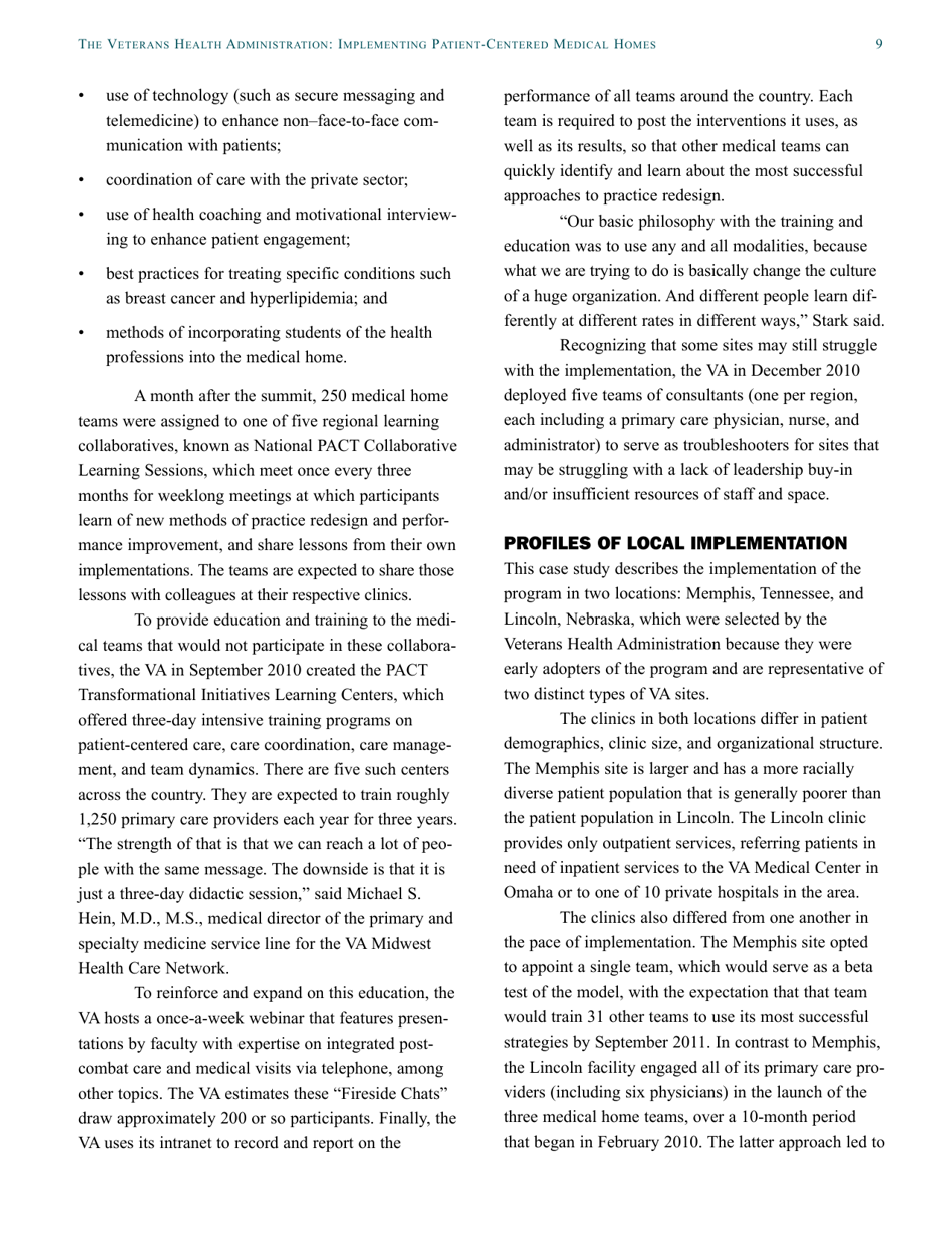 The Veterans Health Administration: Implementing Patient-Centered Medical Homes in the Nations Largest Integrated Delivery System - the Commonwealth Fund Case Study, Page 9