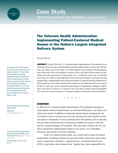 The Veterans Health Administration: Implementing Patient-Centered Medical Homes in the Nation's Largest Integrated Delivery System - the Commonwealth Fund Case Study