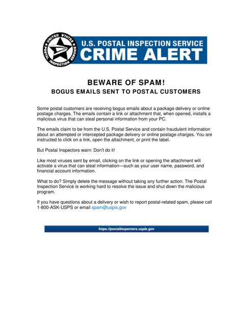 Beware of Spam! Bogus Emails Sent to Postal Customers