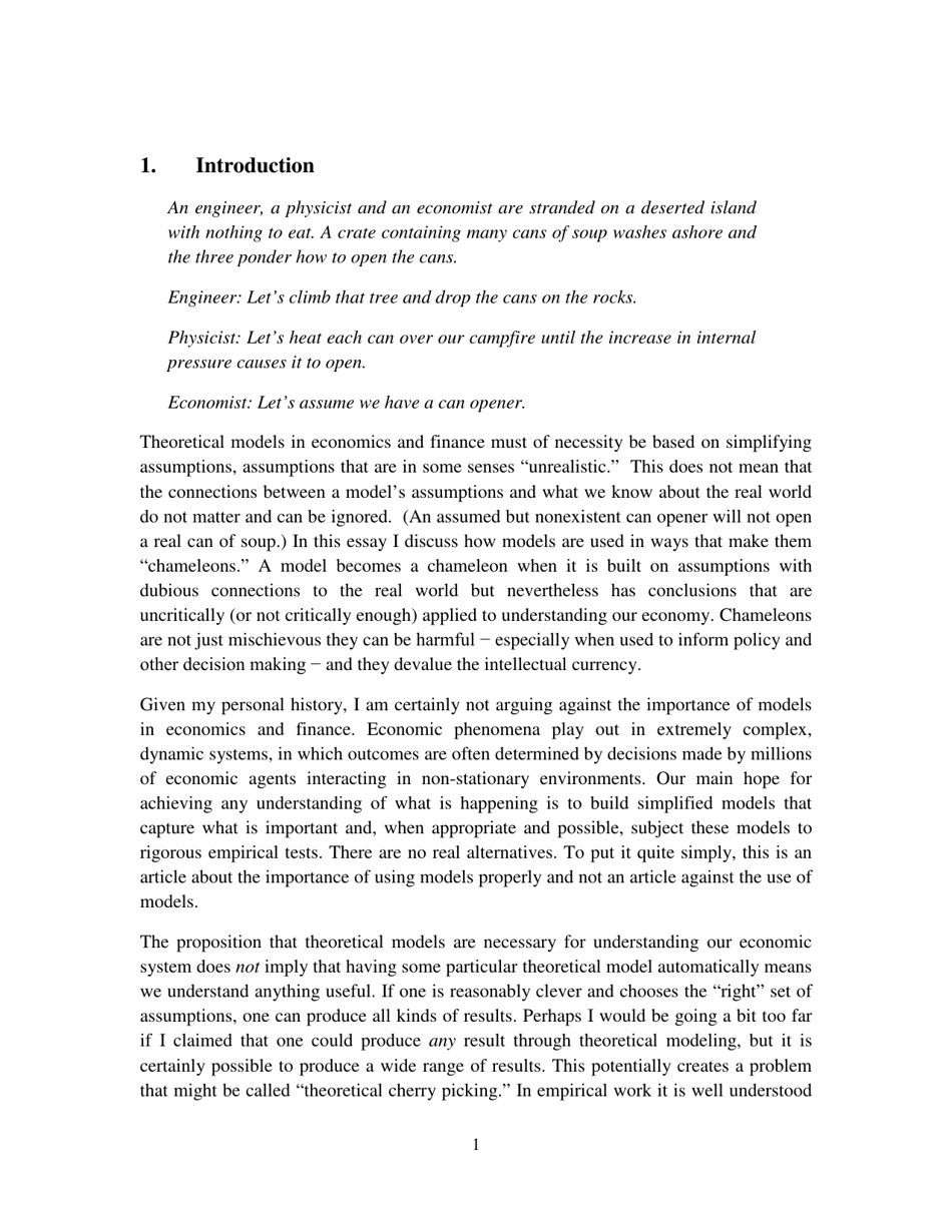 Chameleons: the Misuse of Theoretical Models in Finance and Economics - Paul Pfleiderer, Stanford University, Page 2