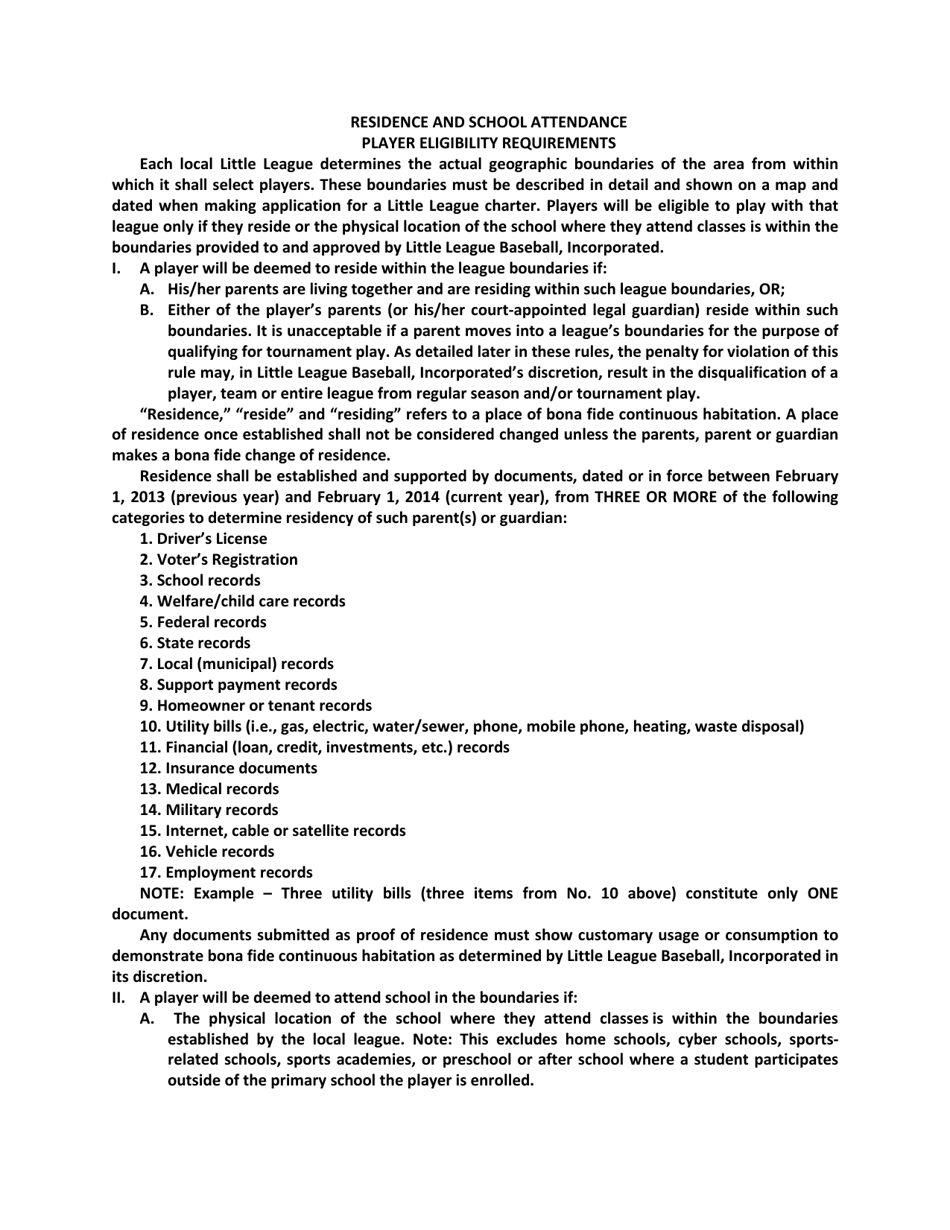 Residence Eligibility Requirements Little League Download Printable