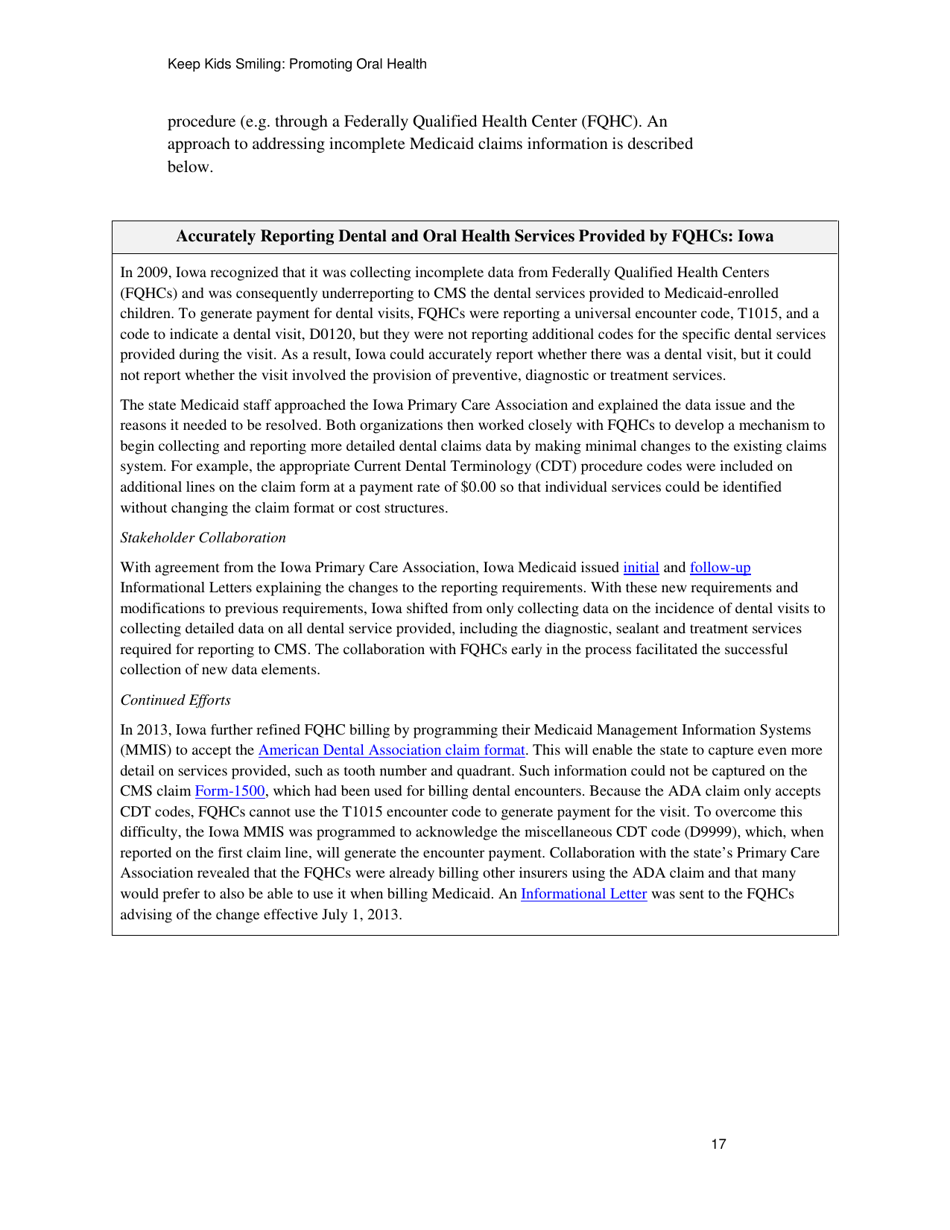 Keep Kids Smiling: Promoting Oral Health Through the Medicaid Benefit for Children  Adolescents, Page 20