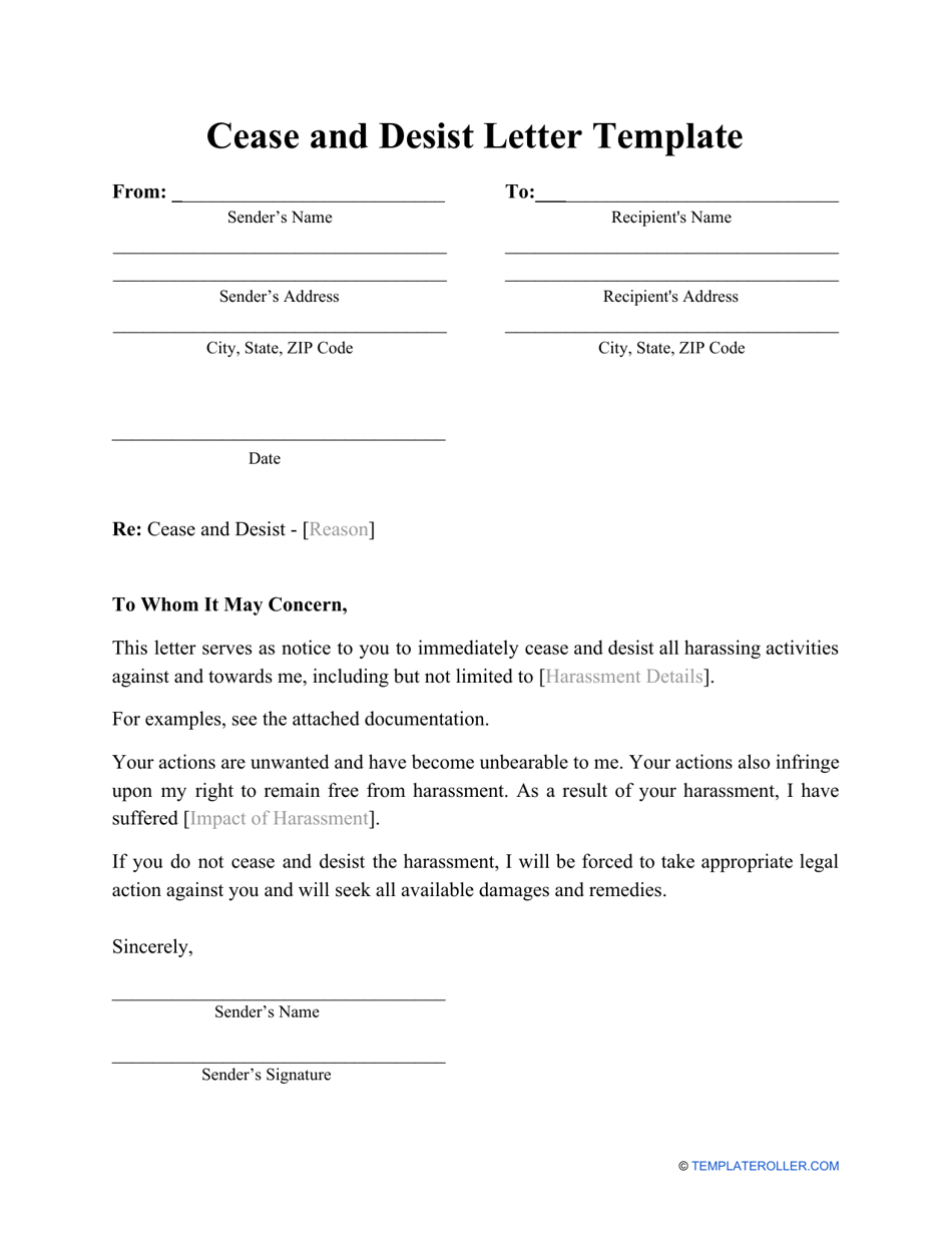 Cease And Desist Letter Template Fill Out Sign Online And Download Pdf Templateroller