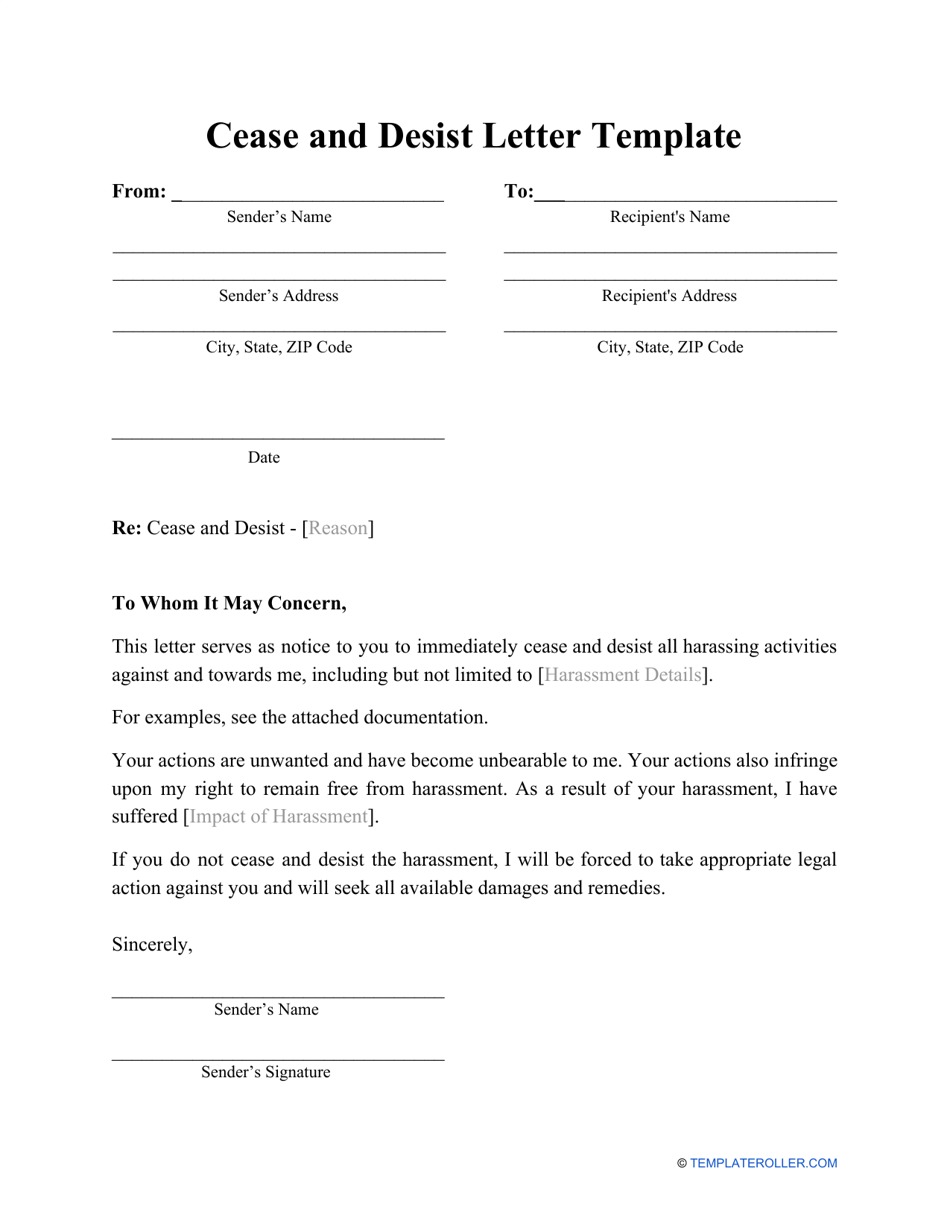 Cease and Desist Letter Template, Page 1
