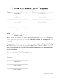 Document preview: Two Weeks Notice Letter Template
