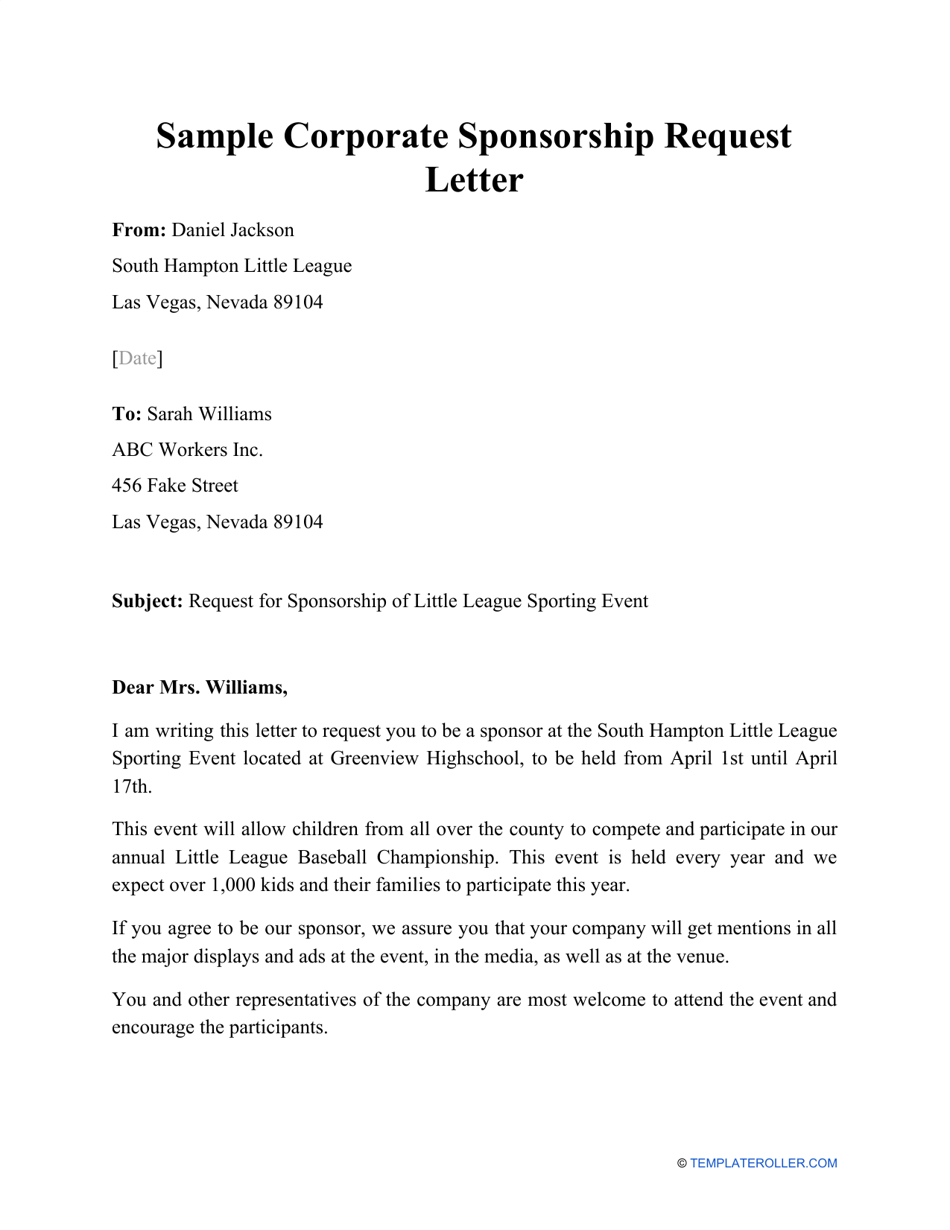 A professionally written corporate sponsorship request letter template showcased on Templateroller.com.