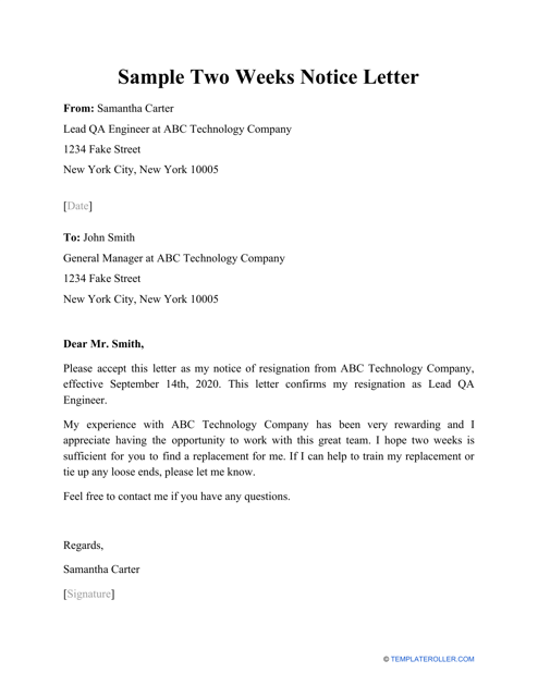 Sample Two Weeks Notice Letter