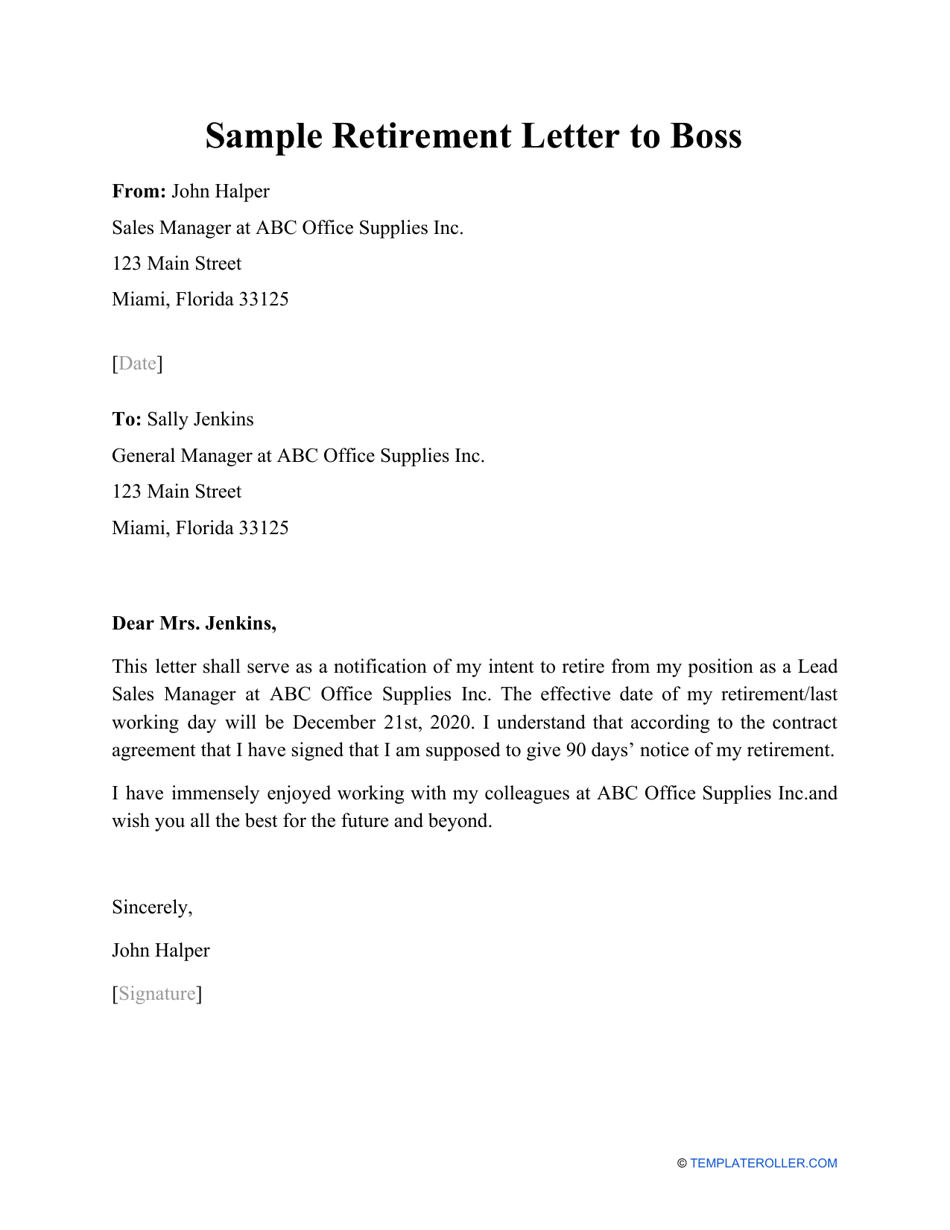 Sample Retirement Letter to Boss Download Printable PDF ...