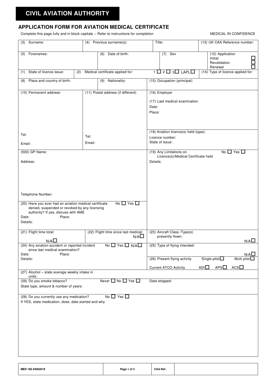 Form MED160 Application Form for Aviation Medical Certificate - United Kingdom, Page 1