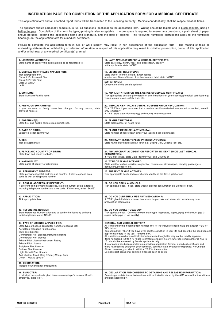 Form MED160 Application Form for Aviation Medical Certificate - United Kingdom, Page 3