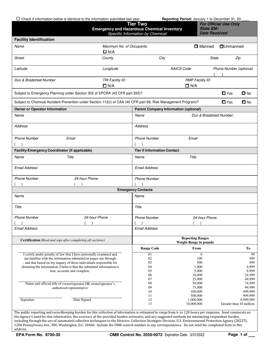 EPA Form 8700-30 Tier II Emergency and Hazardous Chemical Inventory Form, Page 1