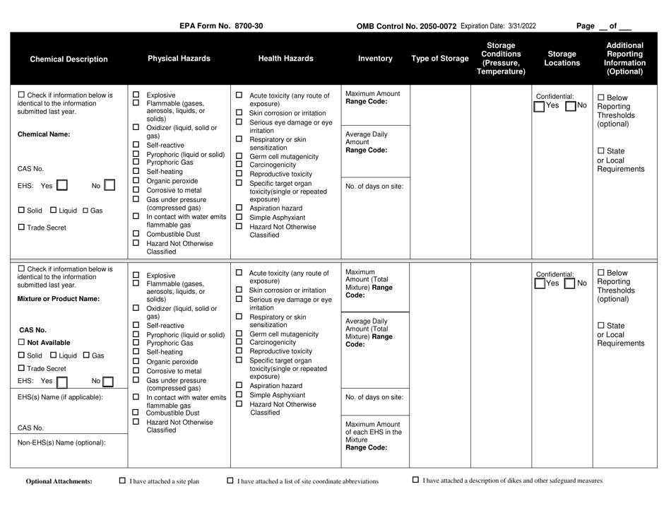 EPA Form 8700-30 Tier II Emergency and Hazardous Chemical Inventory Form, Page 2
