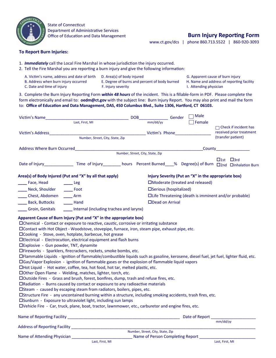 Burn Injury Reporting Form - Connecticut, Page 1