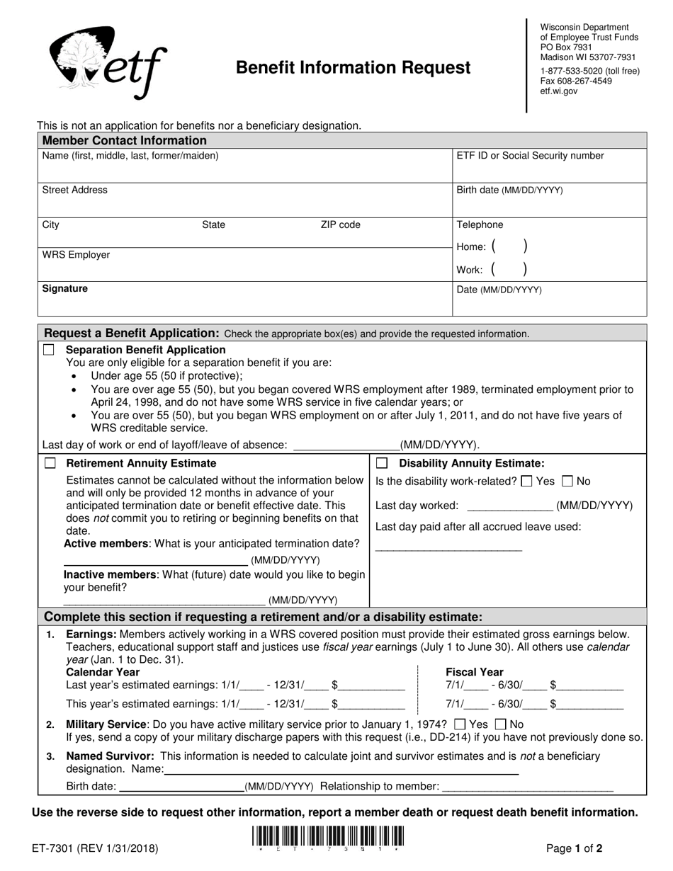Form ET-7301 Benefit Information Request - Wisconsin, Page 1