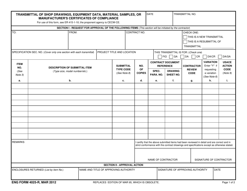 ENG Form 4025-R Transmittal of Shop Drawings, Equipment Data, Material Samples, or Manufacturer's Certificates of Compliance
