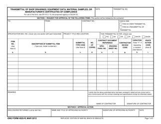 ENG Form 4025-R Transmittal of Shop Drawings, Equipment Data, Material Samples, or Manufacturer&#039;s Certificates of Compliance