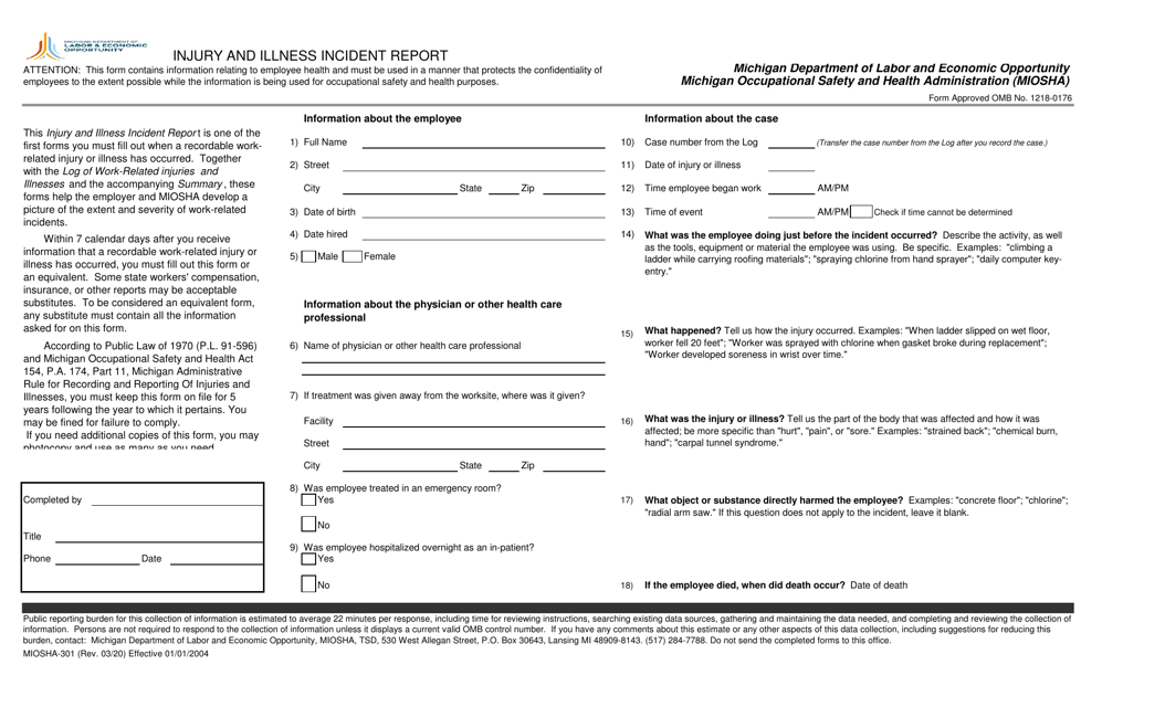 Form MIOSHA-301  Printable Pdf
