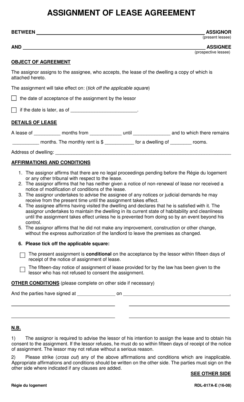 Form RDL-817A-E Assignment of Lease Agreement - Quebec, Canada, Page 1