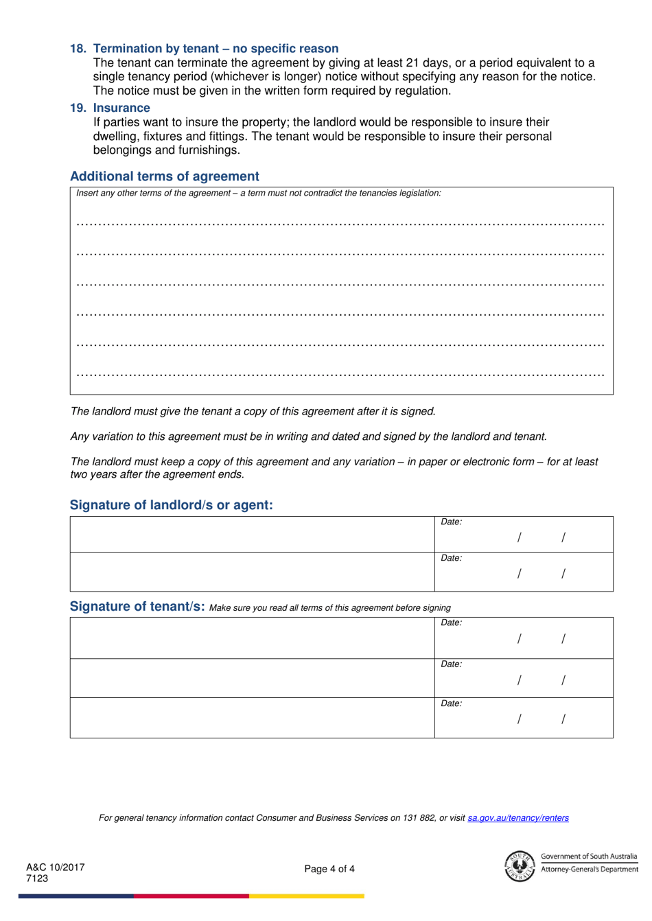 Periodic - Residential Tenancy Agreement - South Australia, Australia, Page 4