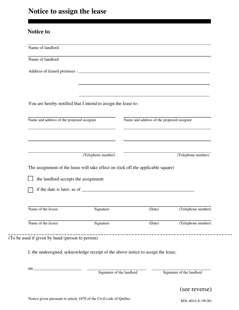 Form RDL-802A-E Download Fillable PDF or Fill Online Notice to Assign