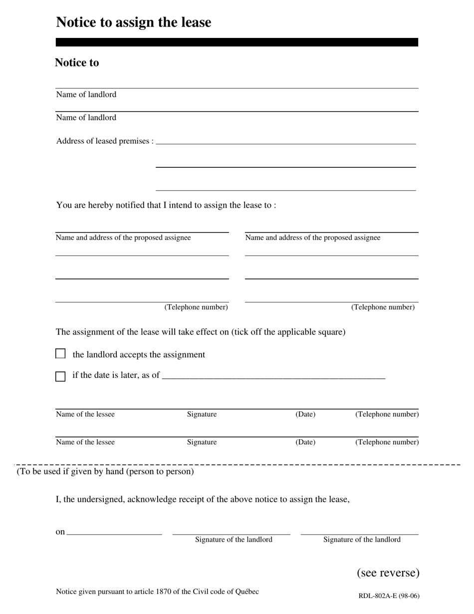 Form RDL-802A-E Notice to Assign the Lease - Quebec, Canada, Page 1