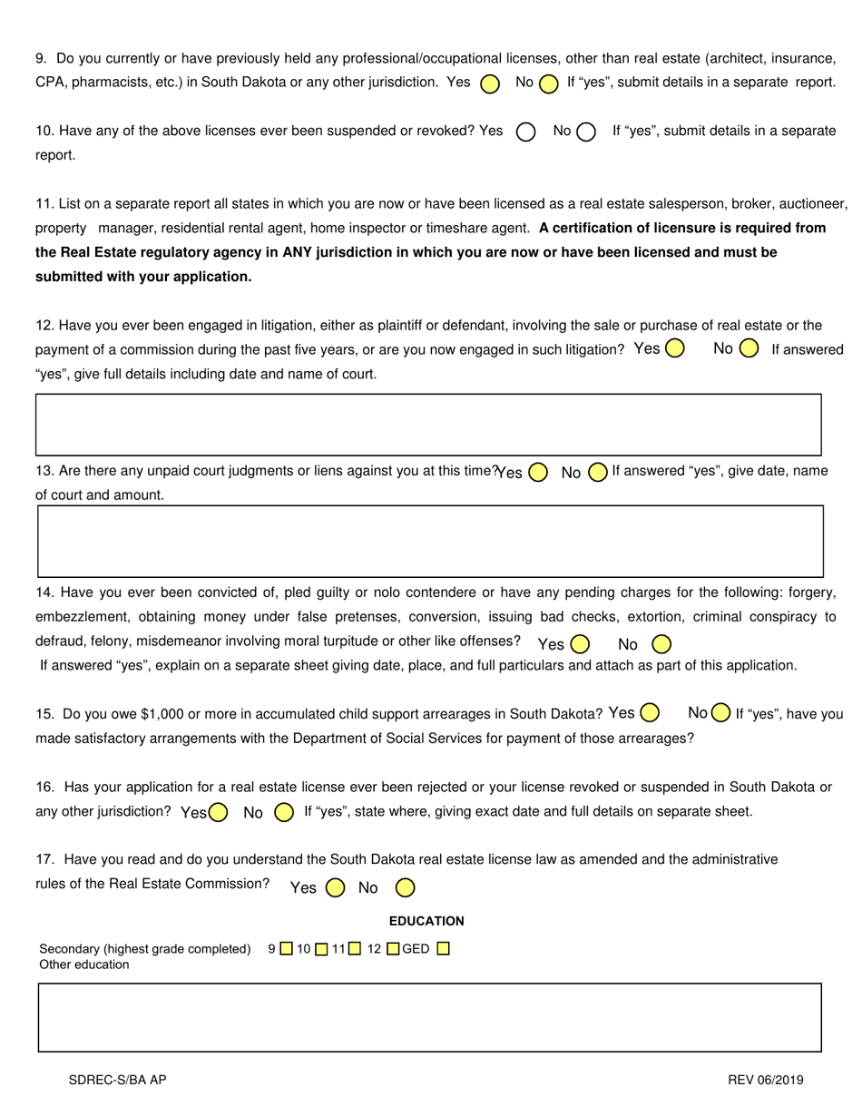 SD Form 0261 South Dakota Resident Broker Associate License Application - South Dakota, Page 3