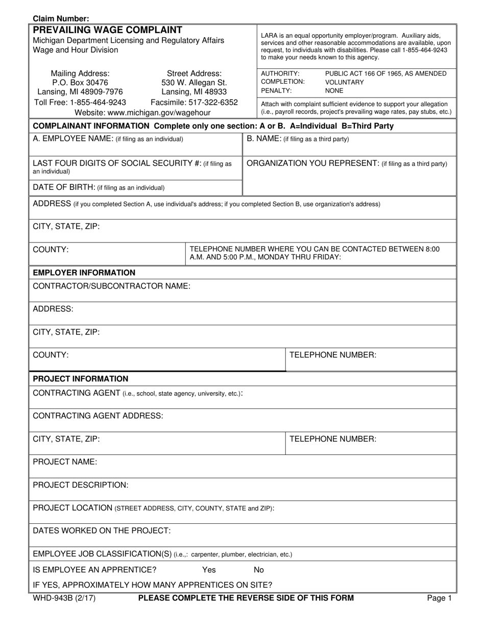 Form WHD-943B Prevailing Wage Complaint - Michigan, Page 3