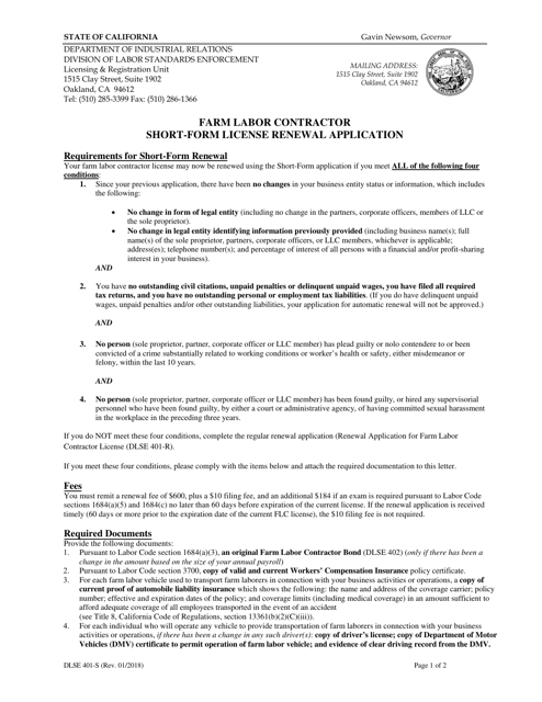 Form DLSE401-S Farm Labor Contractor Short-Form License Renewal Application - California