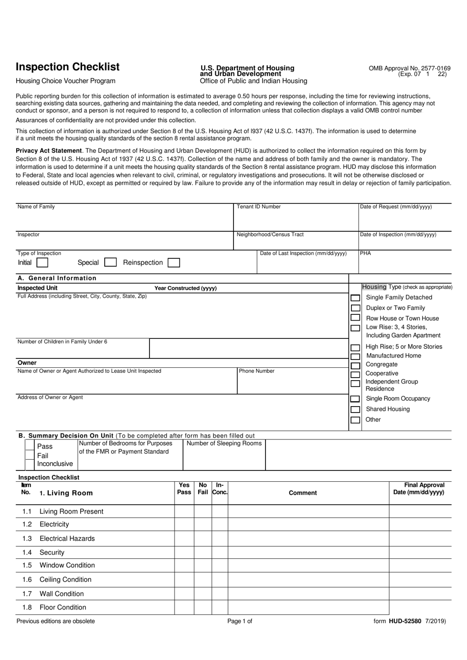 Form HUD-52580 Inspection Checklist Housing Choice Voucher Program, Page 1