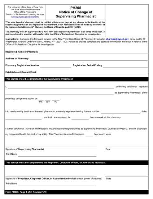 Form PH205 Notice of Change of Supervising Pharmacist - New York