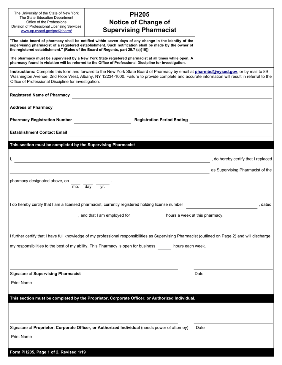 Form PH205 Notice of Change of Supervising Pharmacist - New York, Page 1
