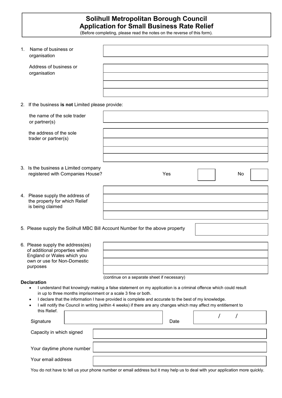 Application for Small Business Rate Relief - Metropolitan Borough of Solihull, West Midlands, United Kingdom, Page 2