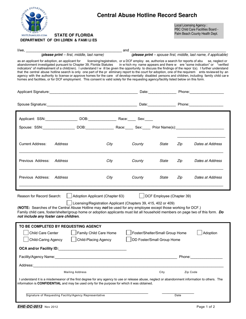 Form EHE-DC-0013 Central Abuse Hotline Record Search - Florida, Page 1