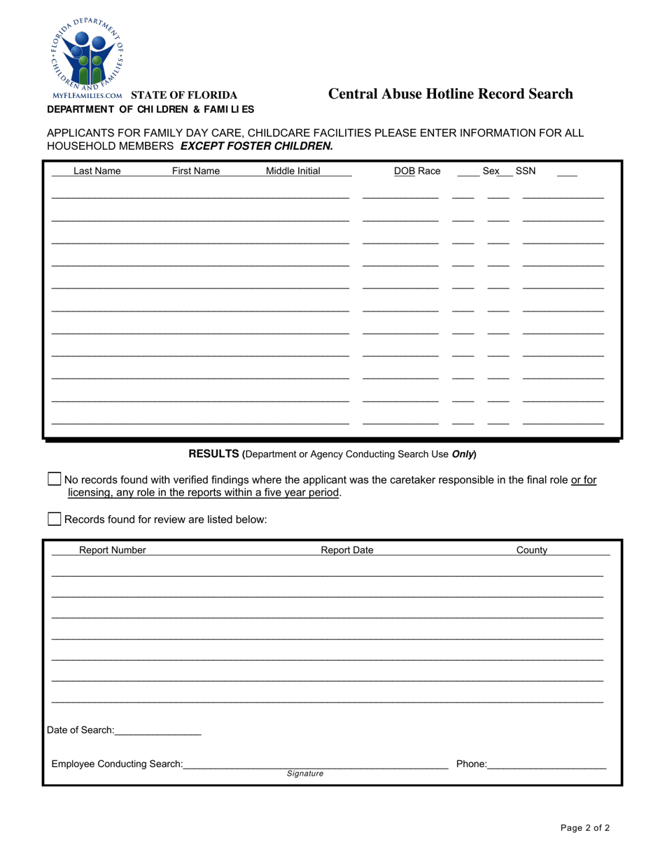 Form EHE-DC-0013 Central Abuse Hotline Record Search - Florida, Page 2