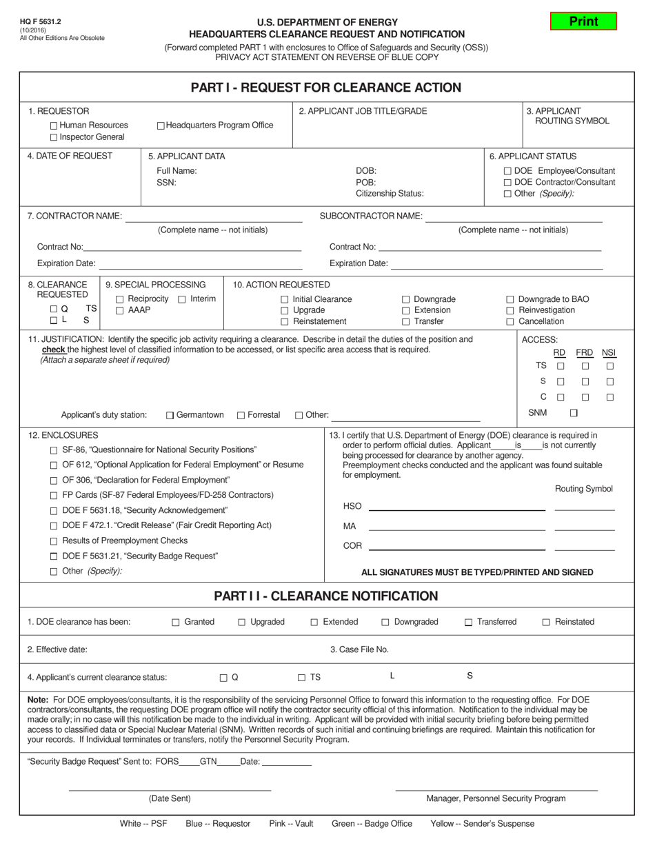 HQ Form 5631.2 Headquarters Clearance Request and Notification, Page 1