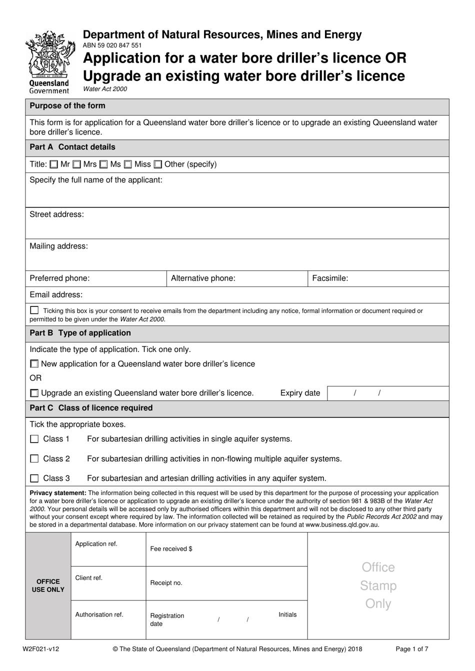 Form W2F021 Application for a Water Bore Drillers Licence or Upgrade an Existing Water Bore Drillers Licence - Queensland, Australia, Page 1