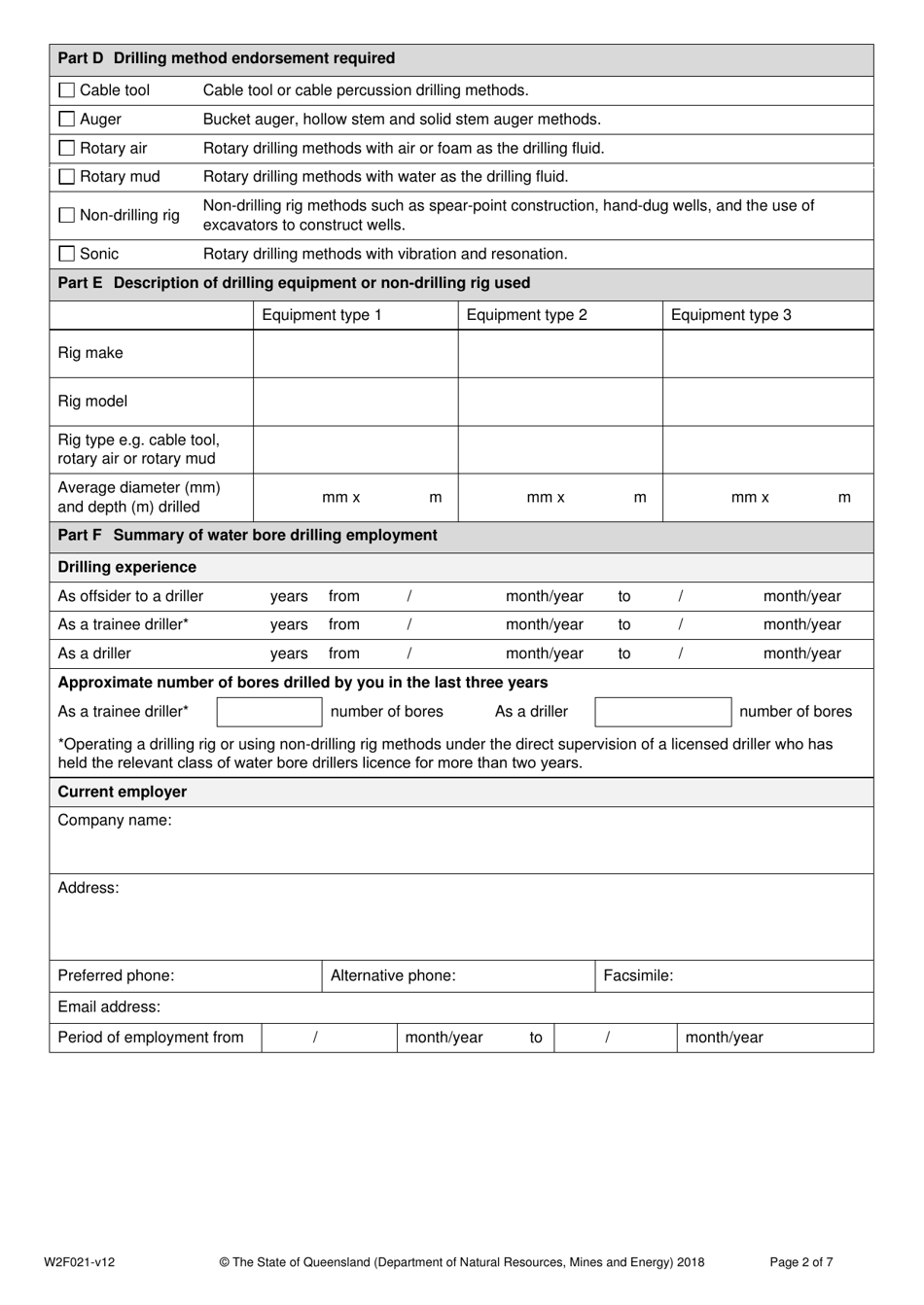 Form W2F021 Application for a Water Bore Drillers Licence or Upgrade an Existing Water Bore Drillers Licence - Queensland, Australia, Page 2