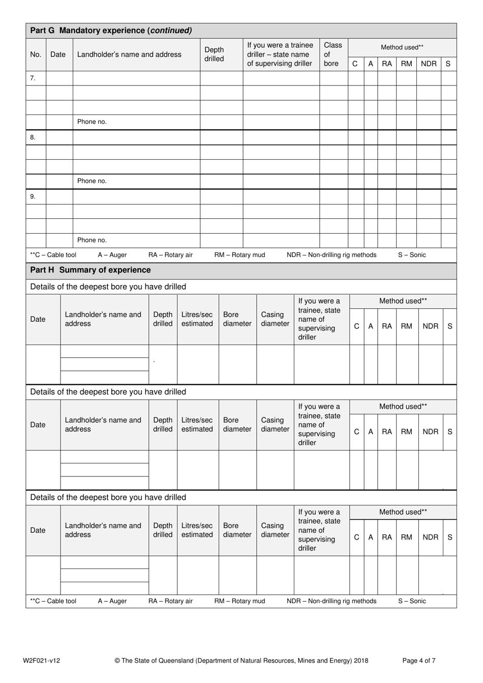 Form W2F021 Application for a Water Bore Drillers Licence or Upgrade an Existing Water Bore Drillers Licence - Queensland, Australia, Page 4