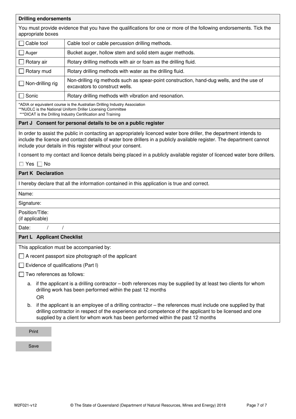 Form W2F021 Application for a Water Bore Drillers Licence or Upgrade an Existing Water Bore Drillers Licence - Queensland, Australia, Page 7