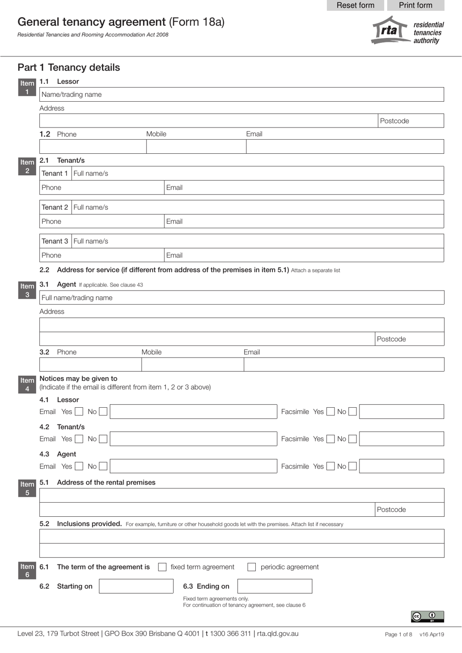 Form 18A General Tenancy Agreement - Queensland, Australia, Page 1