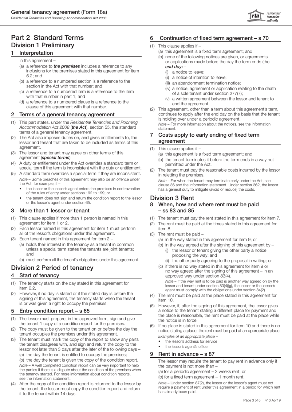 Form 18A General Tenancy Agreement - Queensland, Australia, Page 3