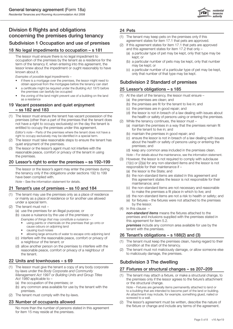 Form 18A General Tenancy Agreement - Queensland, Australia, Page 5