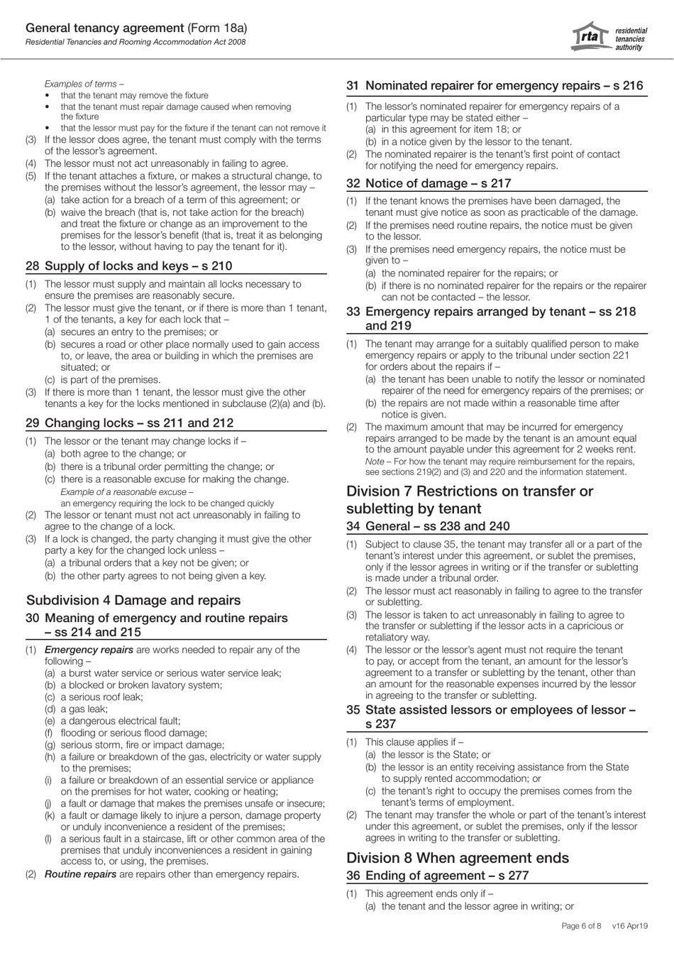 Form 18A General Tenancy Agreement - Queensland, Australia, Page 6