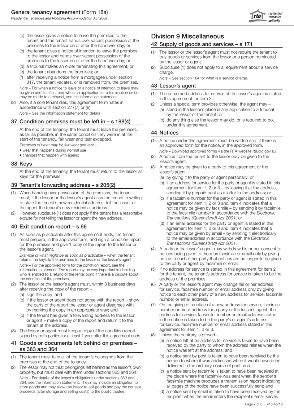 Form 18A General Tenancy Agreement - Queensland, Australia, Page 7