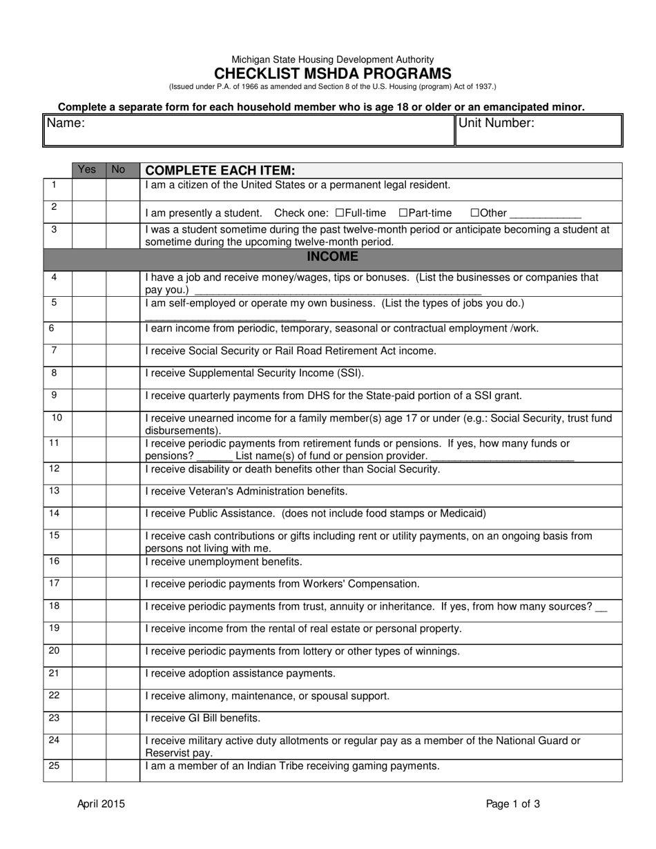 Checklist Mshda Programs - Michigan, Page 1