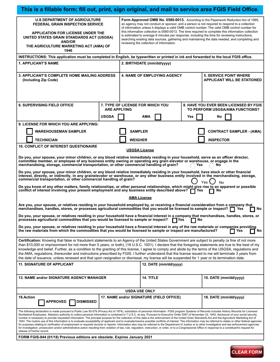 Form FGIS-944 - Fill Out, Sign Online and Download Fillable PDF ...