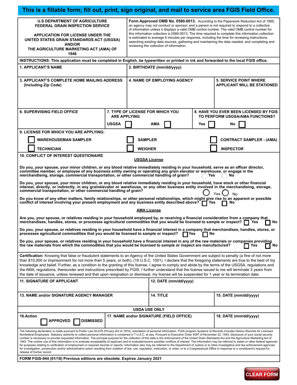 Form FGIS-944 Application for License Under the United States Grain Standards Act (Usgsa) and / or the Agriculture Marketing Act (And) of 1946, Page 1