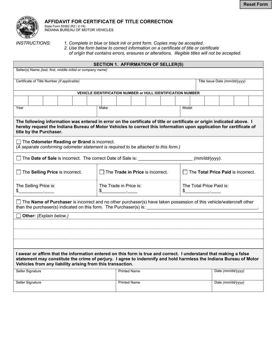 State Form 55582 Affidavit for Certificate of Title Correction - Indiana, Page 1