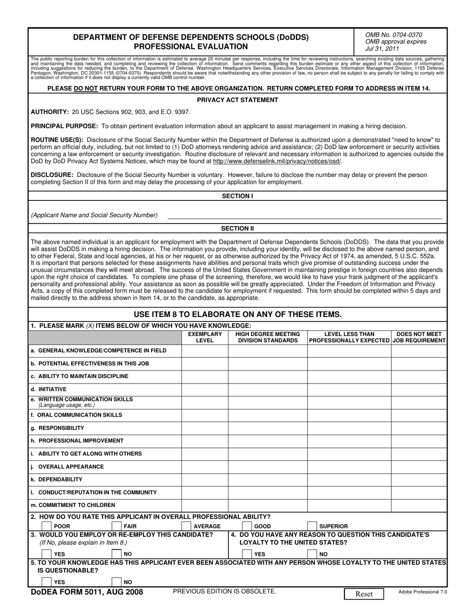 DoDEA Form 5011 Department of Defense Dependents Schools (Dodds) Professional Evaluation, Page 1