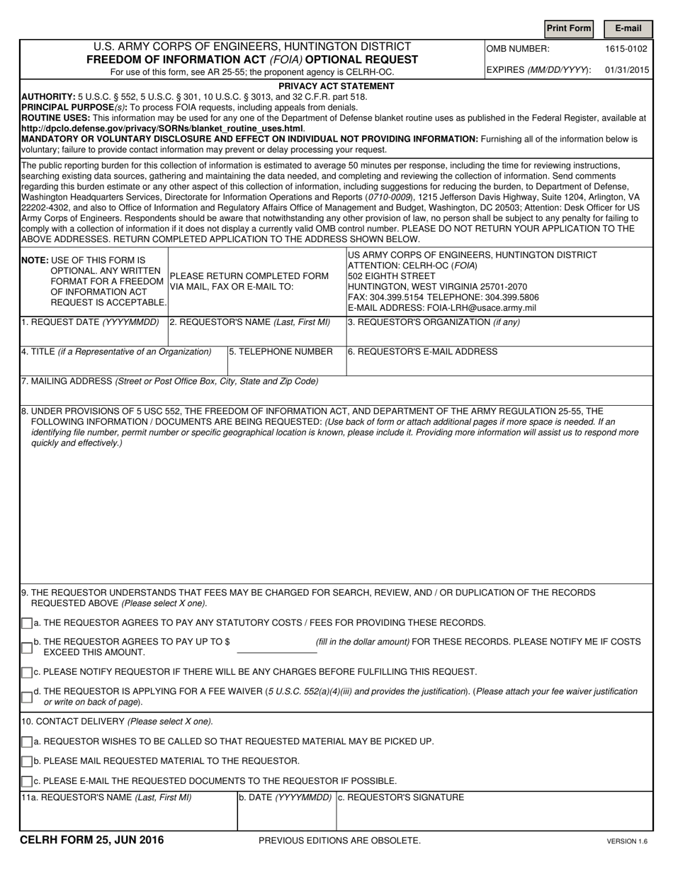 CELRH Form 25 Freedom of Information Act (Foia) Optional Request, Page 1